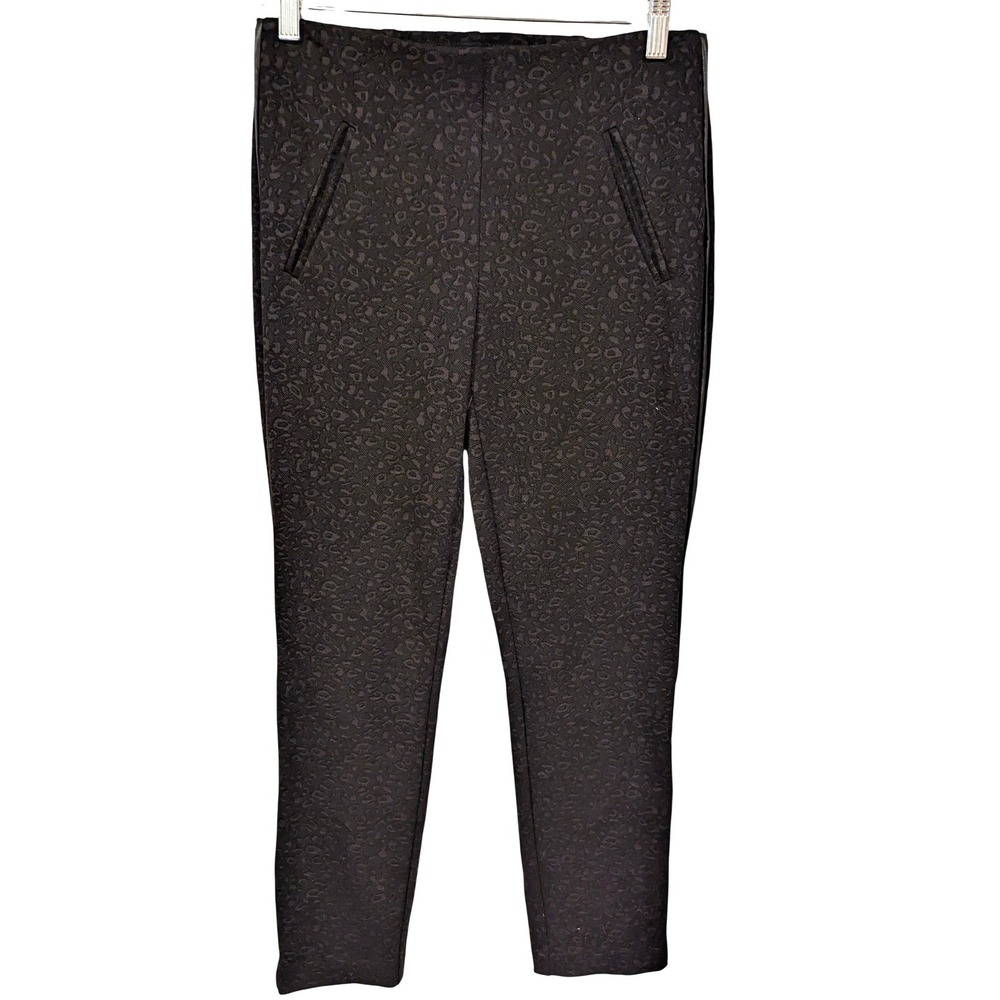 Chico's Slim Trousers 2 Black Leopard Jacquard Faux Leather Trim Mob Wife Chic